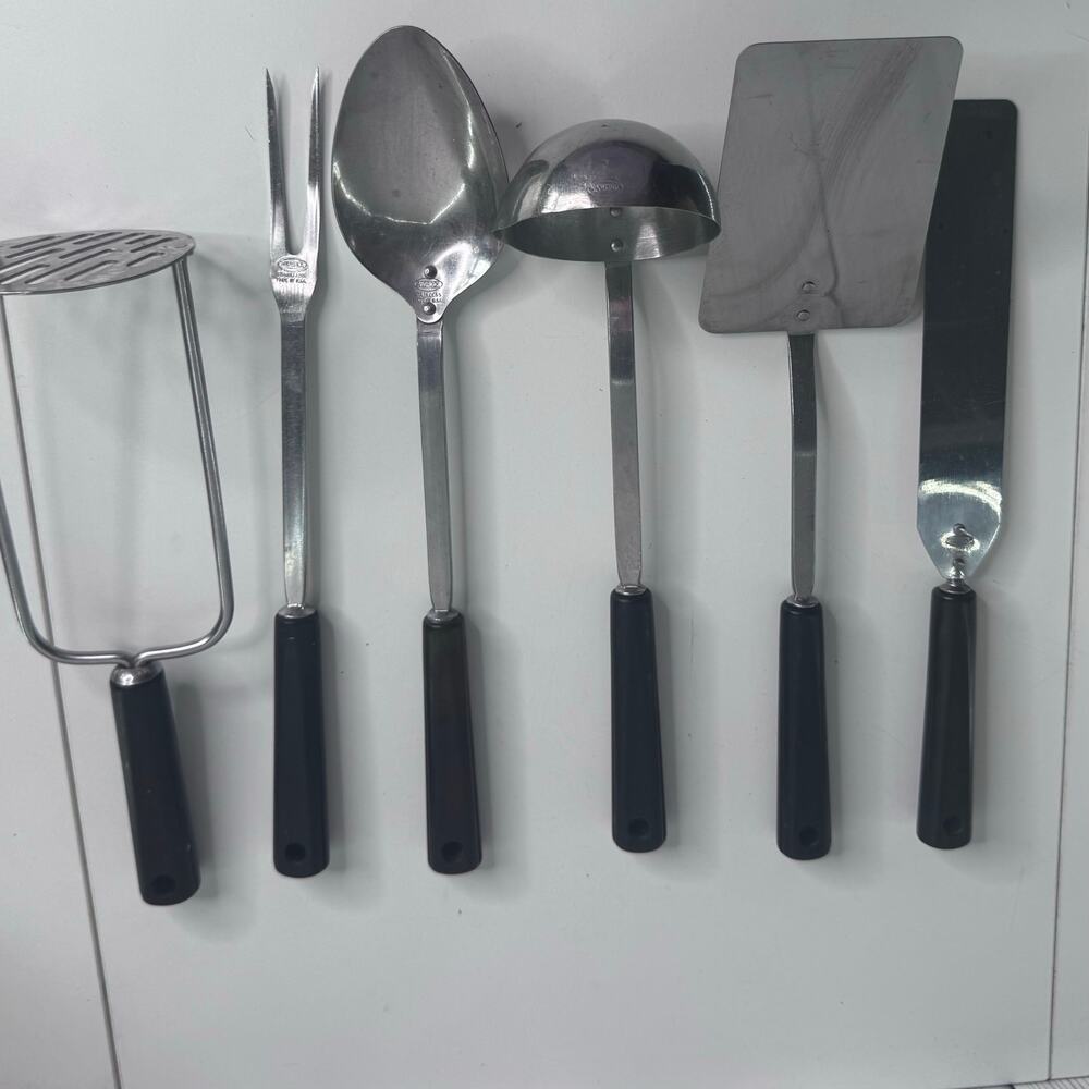 Vintage Androck Stainless USA Kitchen Utensil Set Black Bakelite Handle 6Pc